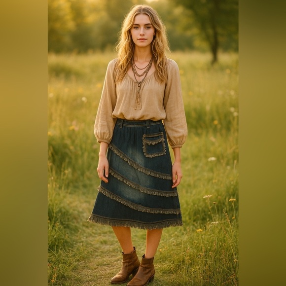 AS-HRO Dark Wash Frayed Denim Boho Chic Midi Skirt with Pocket – Size M - Picture 1 of 9